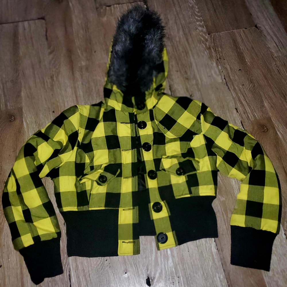 Last Kiss Yellow and Black Plaid Puffer Jacket